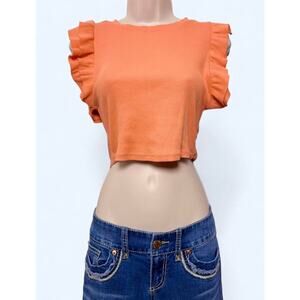 Orange Ruffle Cap Sleeve Fairycore Ribbed Knit Crop Top